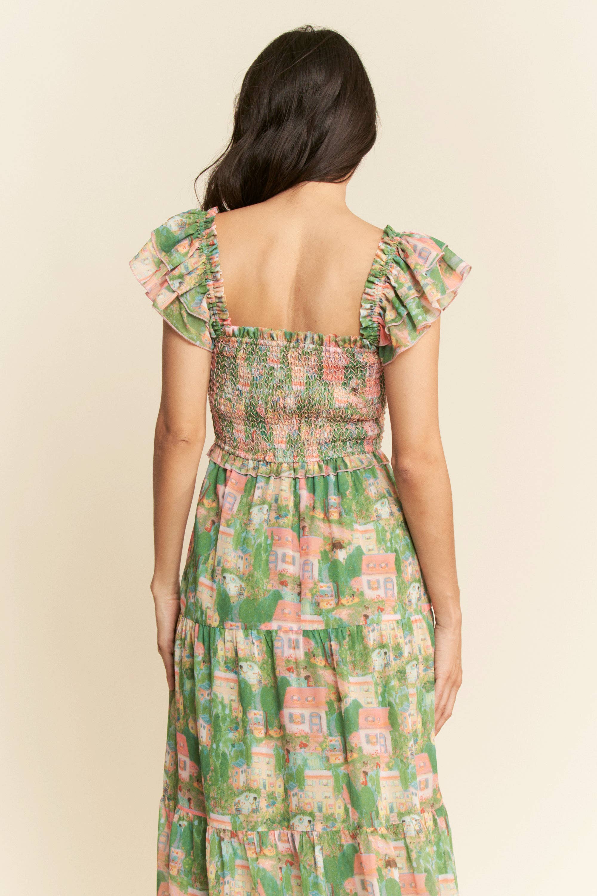 VILLAGE SMOCKING BODICE RUFFLE SLEEVE MAXI DRESS: Pink green / S - XAYUYUE