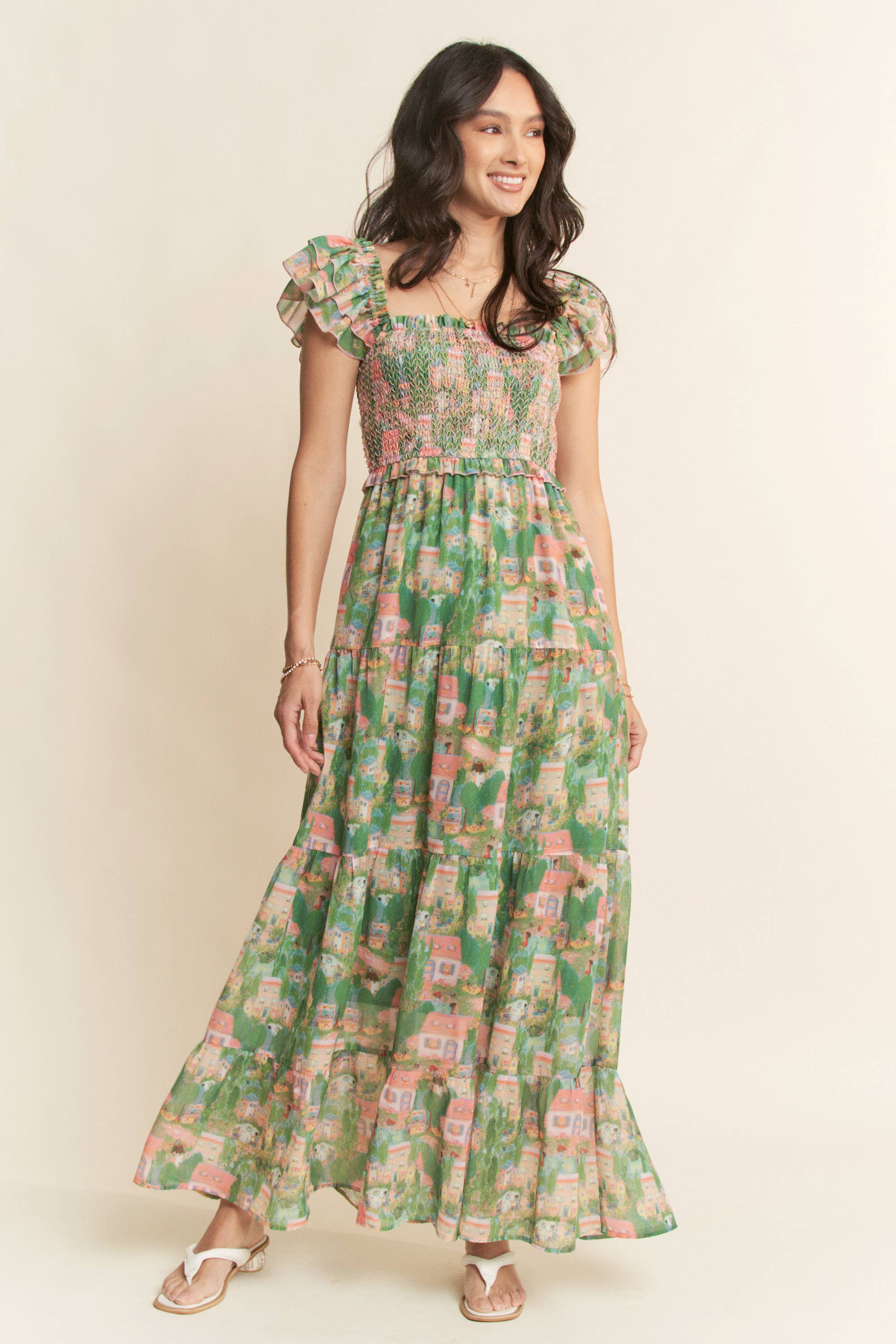 VILLAGE SMOCKING BODICE RUFFLE SLEEVE MAXI DRESS: Pink green / S - XAYUYUE