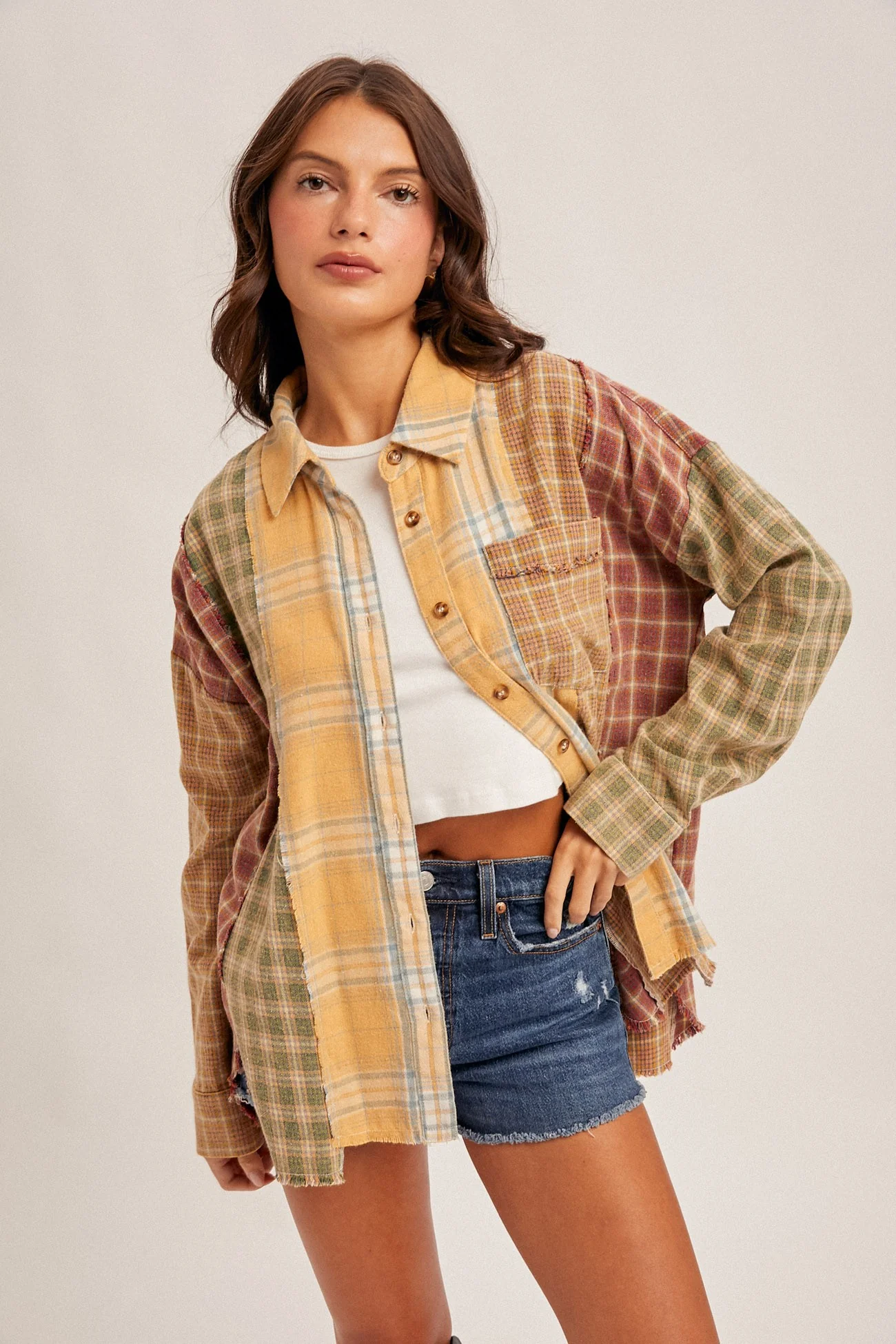 Mix Plaid Oversized Snow Wash Button Down Shirt - XAYUYUE