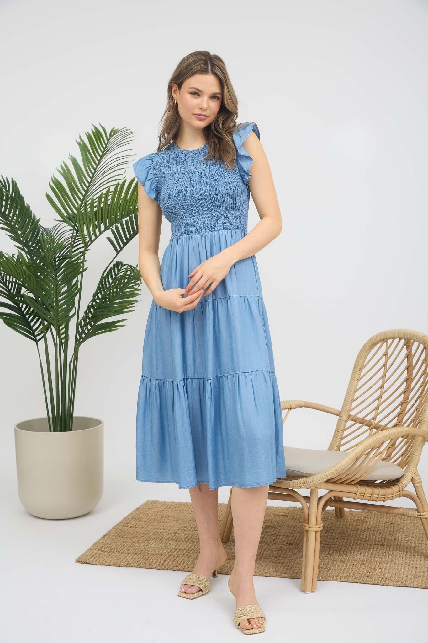 Chambray Smocked Ruffle Sleeve Tiered Midi Dress - XAYUYUE