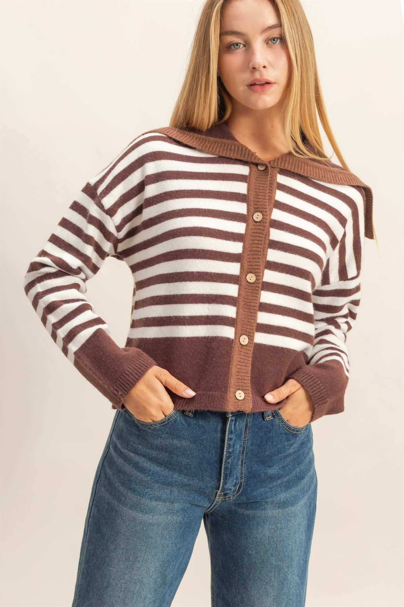 Striped Button-up Sailor Collar Sweater - XAYUYUE