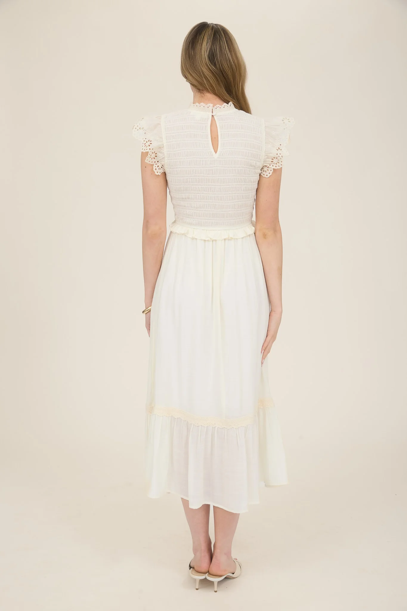 Smocked Eyelet Trim Ruffle Detail Midi Dress - XAYUYUE