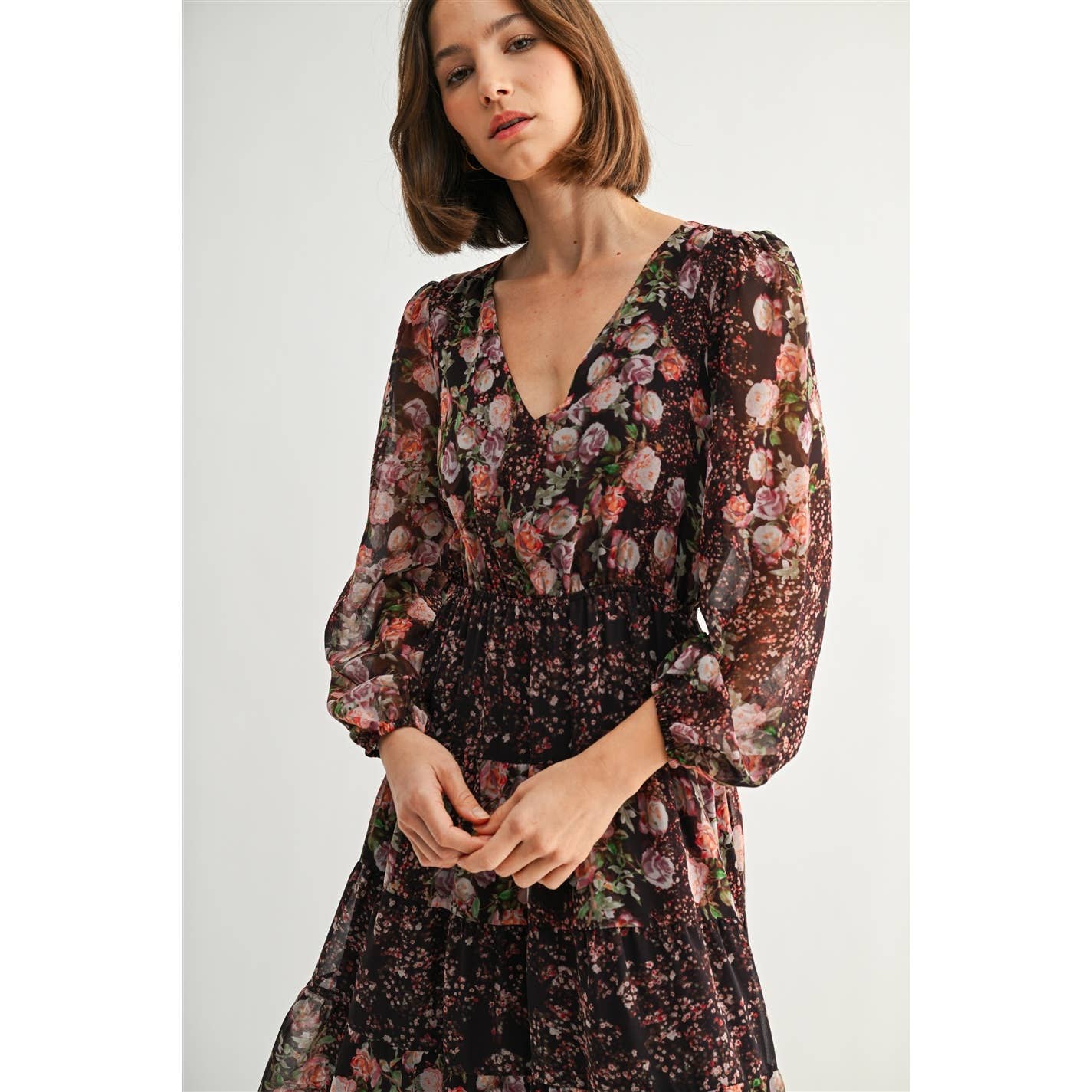 MIX FLOWER V NECK MIDI DRESS: Burgundy - XAYUYUE