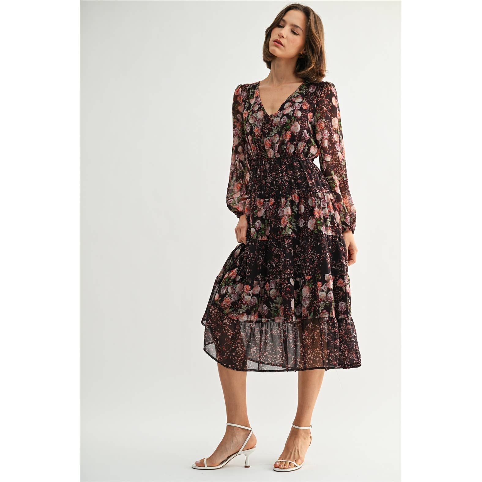 MIX FLOWER V NECK MIDI DRESS: Burgundy - XAYUYUE
