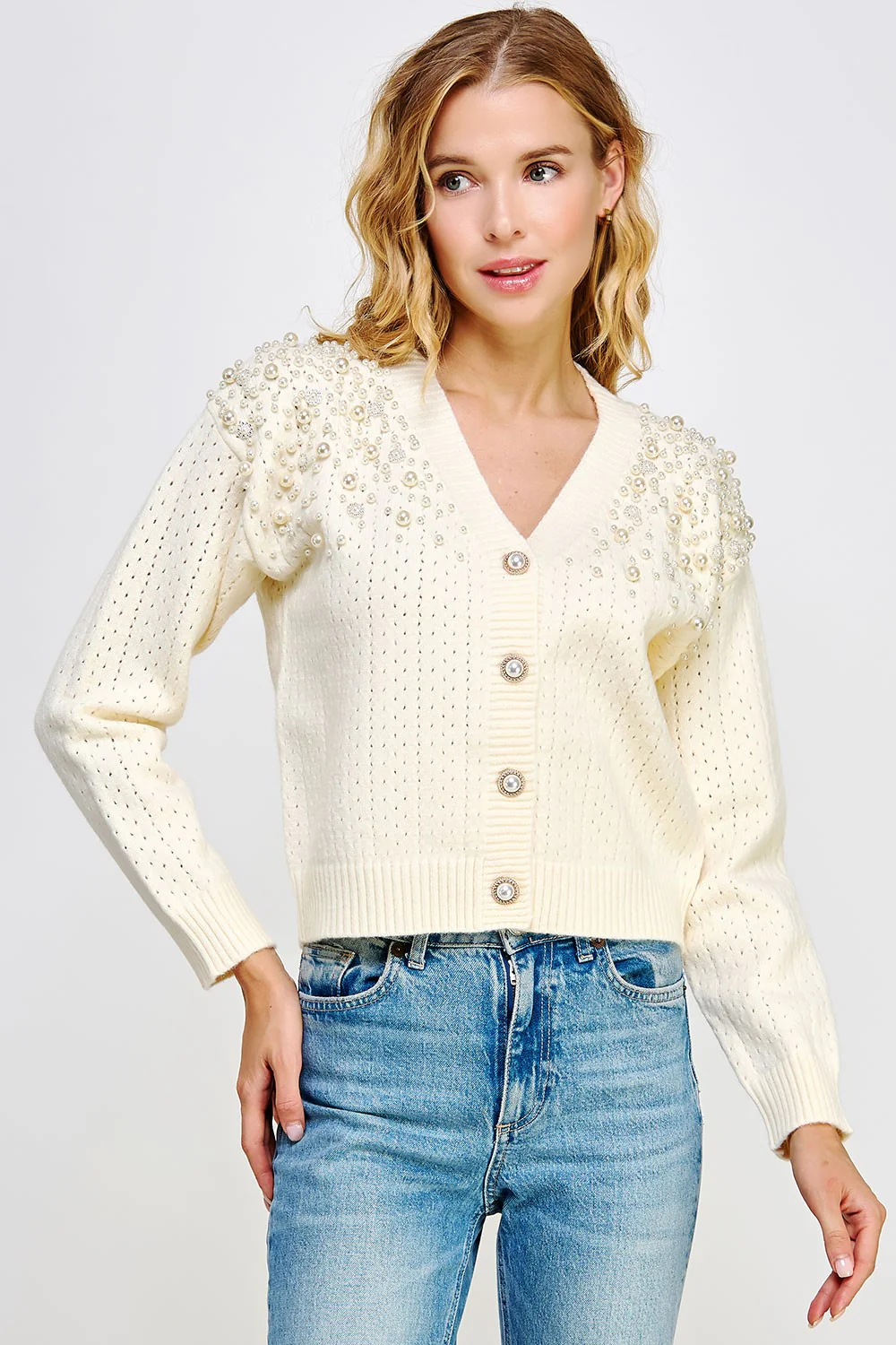 Pearl Studded Eyelet Knit Cardigan Sweater - XAYUYUE