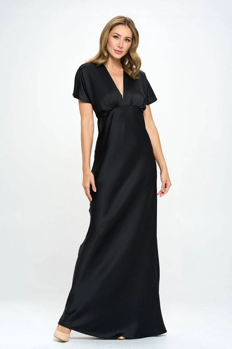 Satin Solid Deep V neck Formal Dress - XAYUYUE