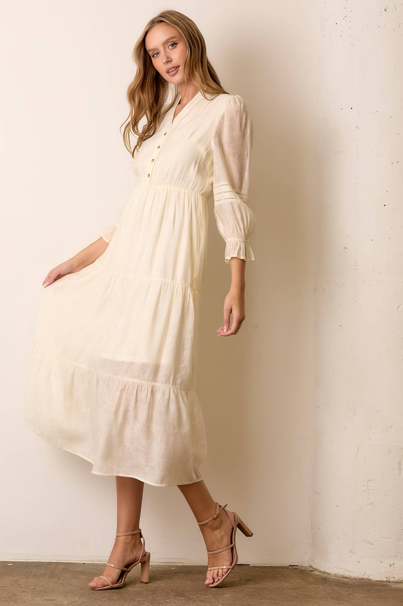V-Neck Long Sleeve Midi Dress in Ivory - XAYUYUE