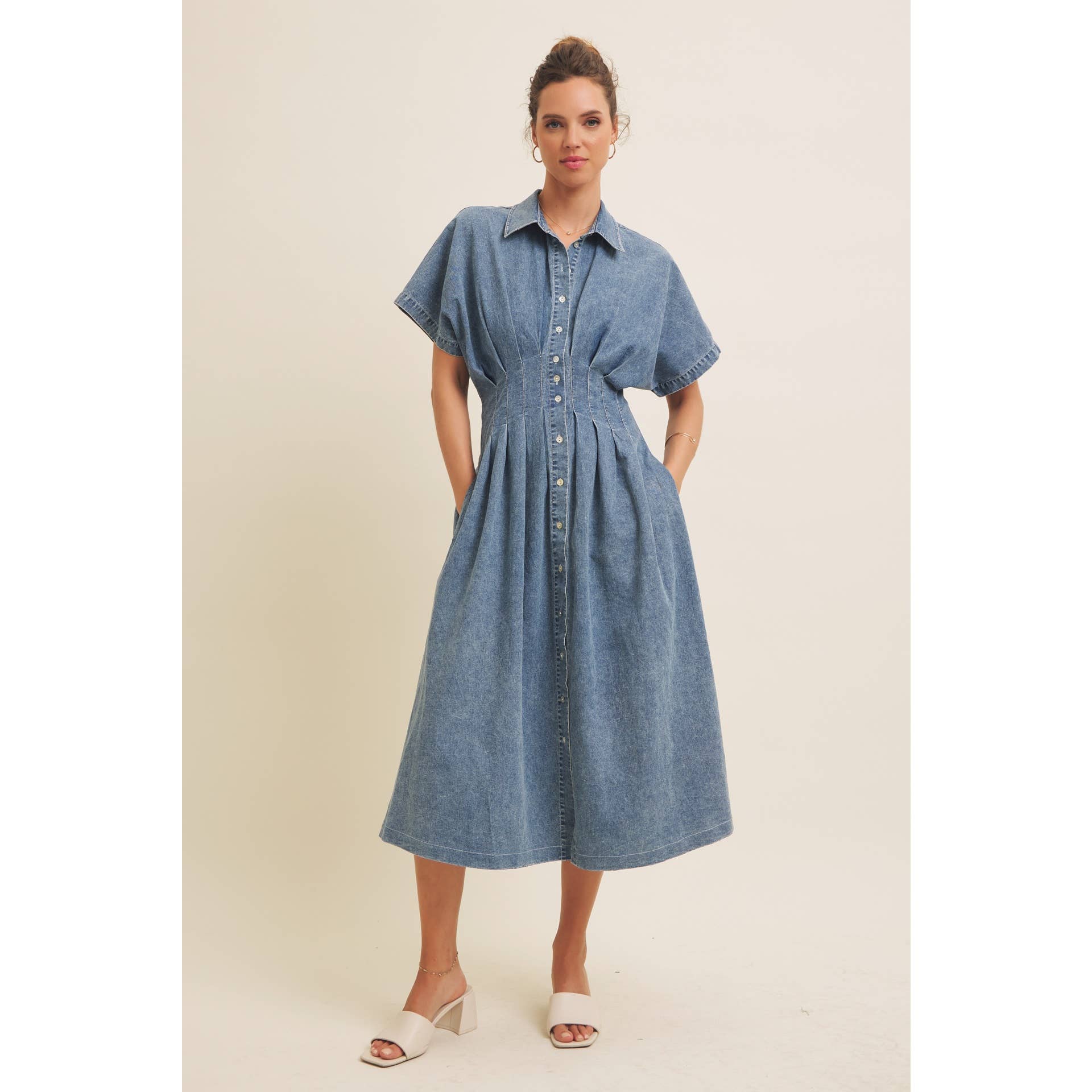 STRETCHY DENIM MIDI DRESS WITH MINERAL-WASHED: WASHED DENIM / L - XAYUYUE