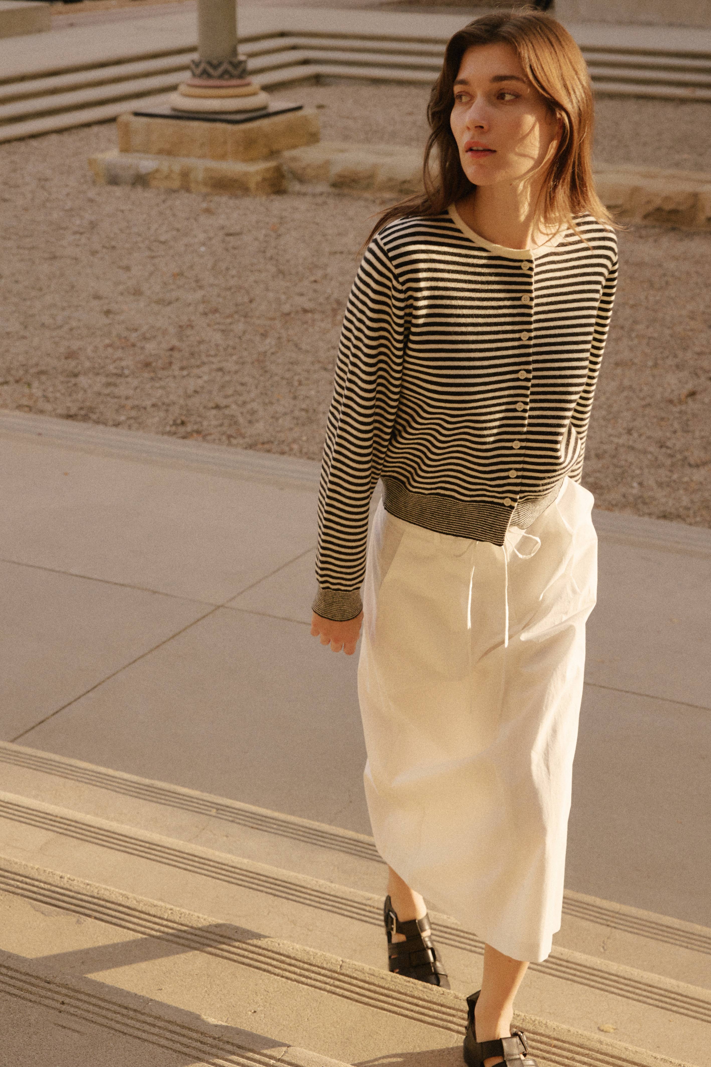 The Montana Cardigan | Striped Button-Down Cardigan: BROWN/WHITE - XAYUYUE