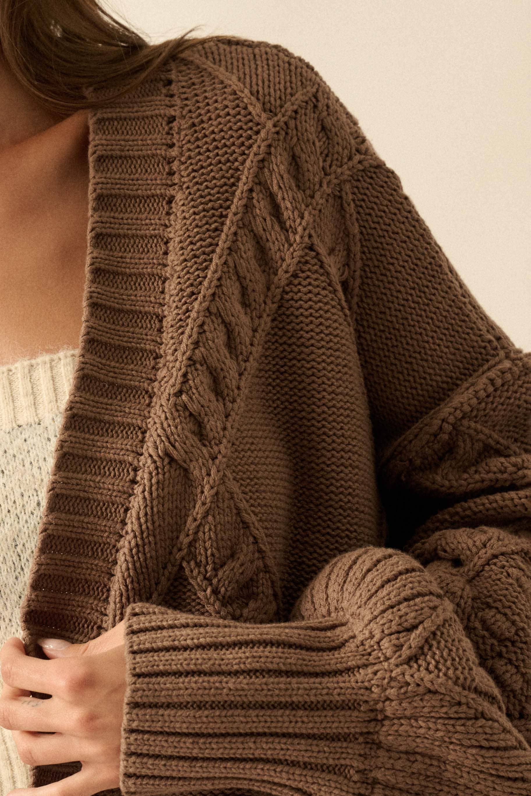 Cable-Knit Oversize Balloon-Sleeve Cardigan: Mocha - XAYUYUE