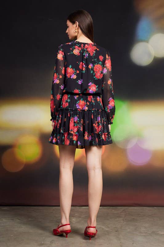 Floral Printed Ruffle Mini Dress: Black-Multi - XAYUYUE
