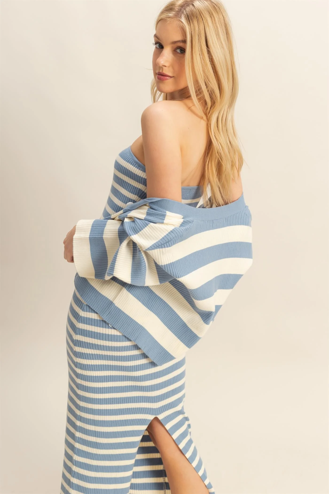 Striped Sweater Cardigan And Dress Set - XAYUYUE