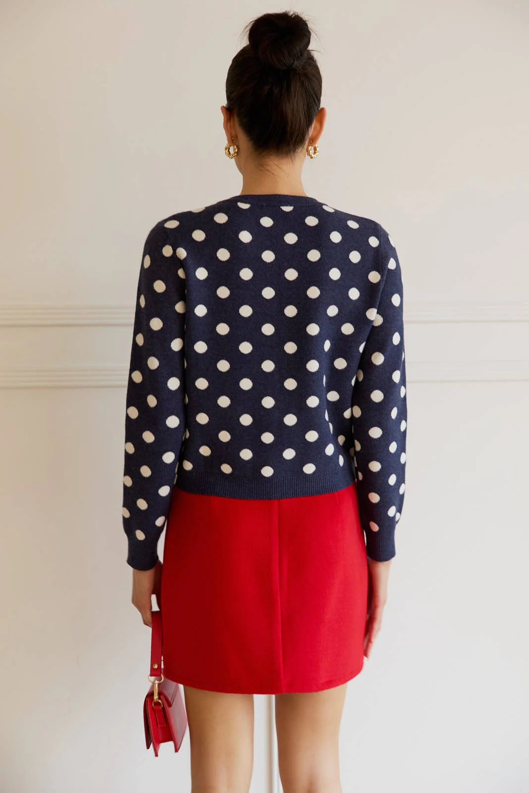 ROUND NECK BUTTON UP POLKA DOT SWEATER CARDIGAN - XAYUYUE