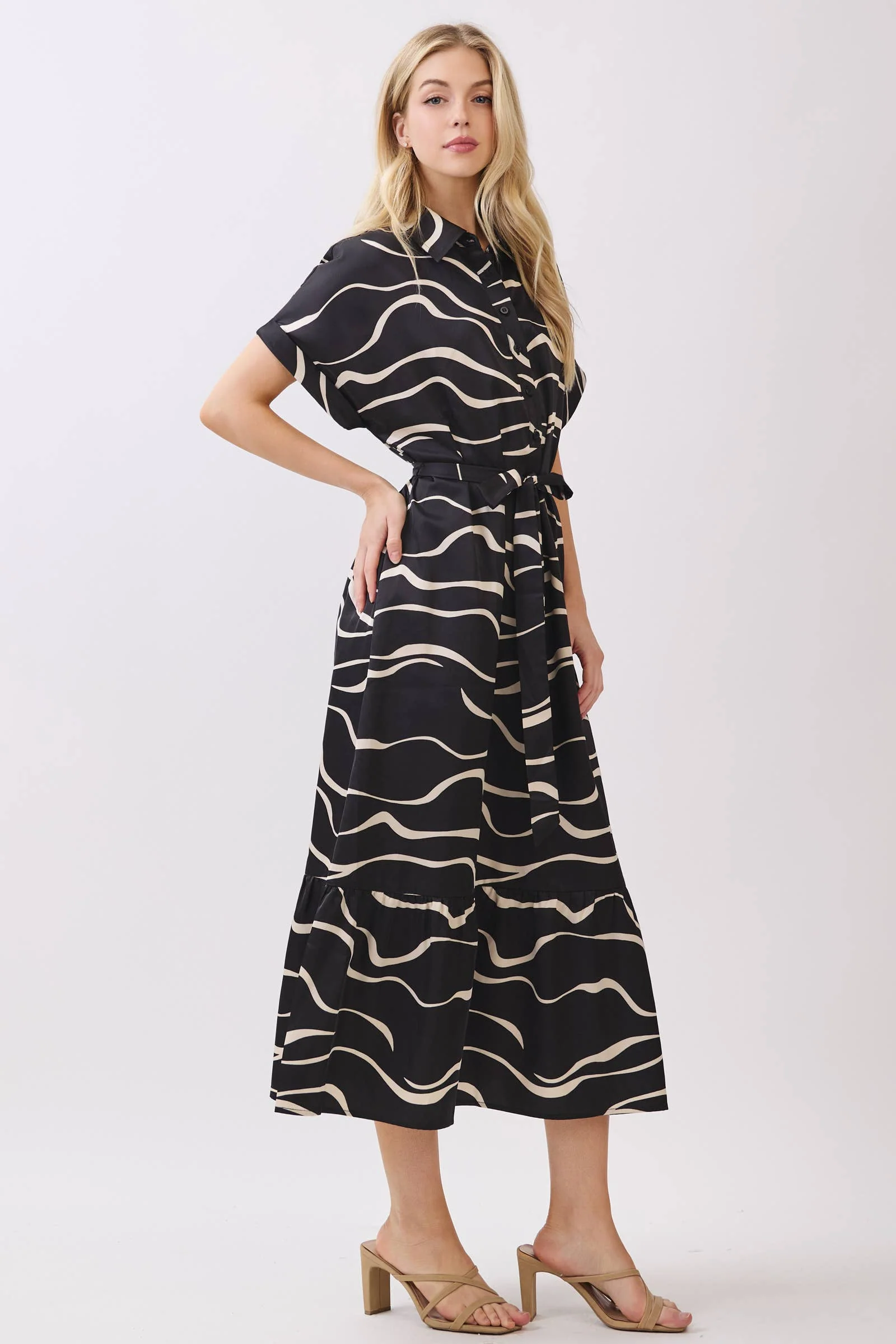 SATIN COLLARD BUTTON DOWN WAIST TIE MIDI DRESS: Black - XAYUYUE