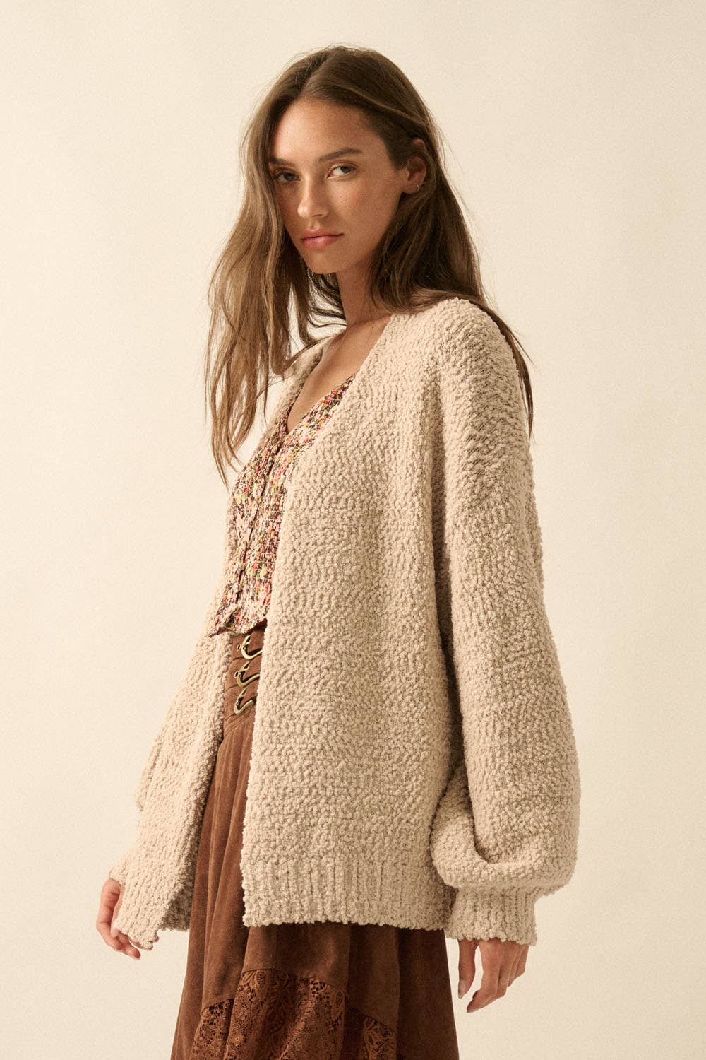Textured Popcorn Knit Open-Front Cardigan - XAYUYUE