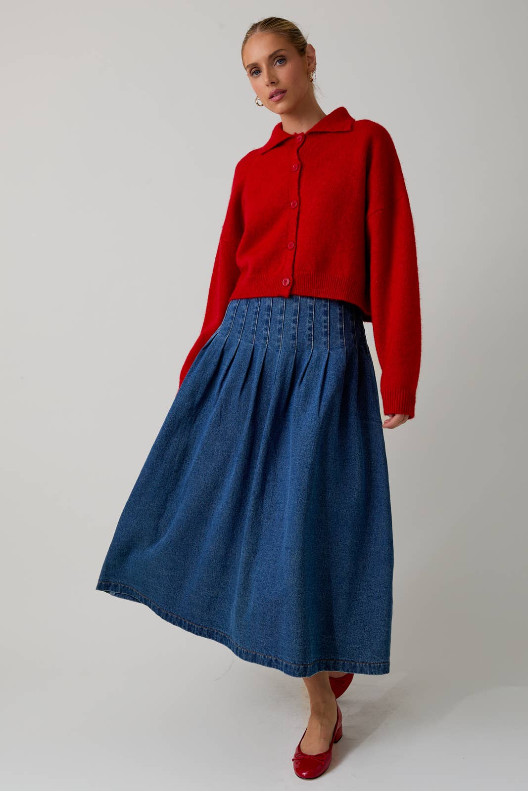 DENIM PLEATED MIDI SKIRT: DENIM - XAYUYUE