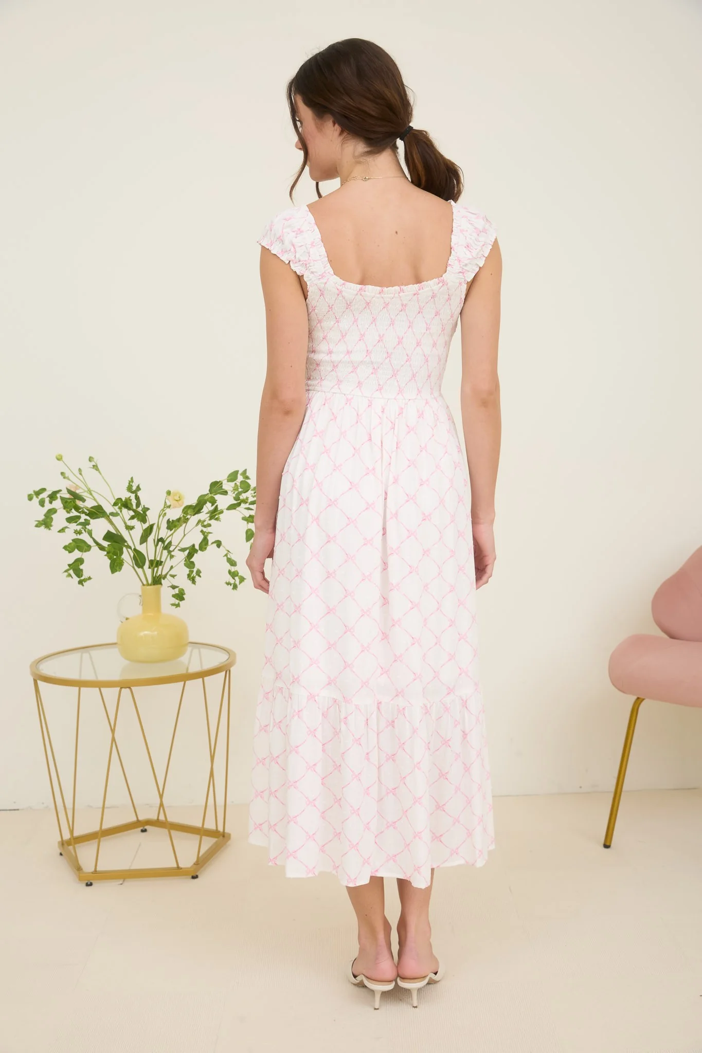 Bow Pattern Ruched Sleeve Smocked Midi Dress - XAYUYUE