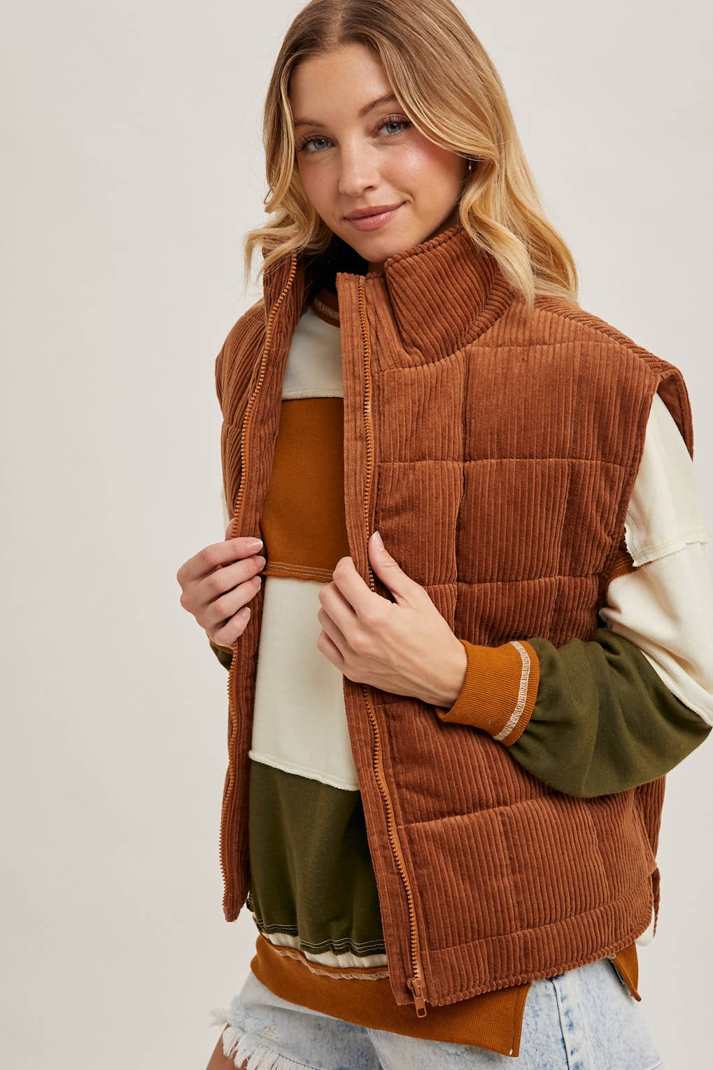CORDUROY QUILTED PUFFER VEST: CAMEL / M - XAYUYUE
