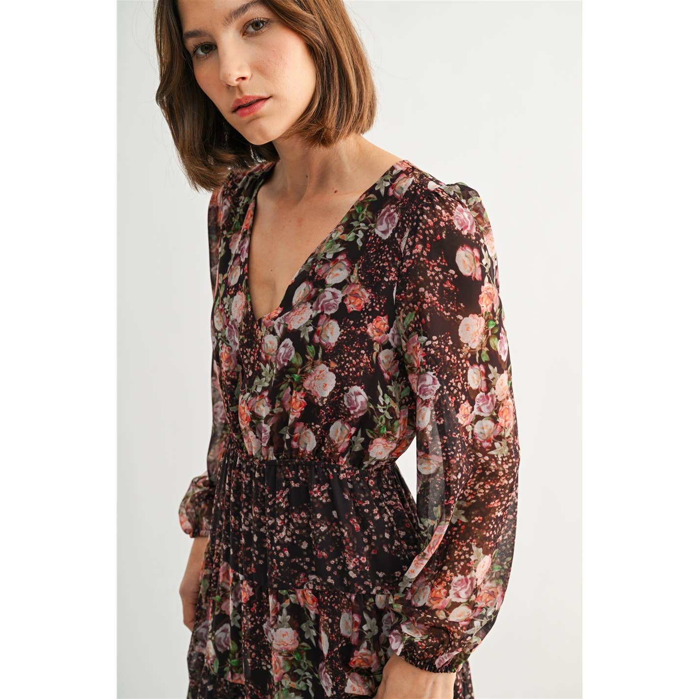 MIX FLOWER V NECK MIDI DRESS: Burgundy - XAYUYUE