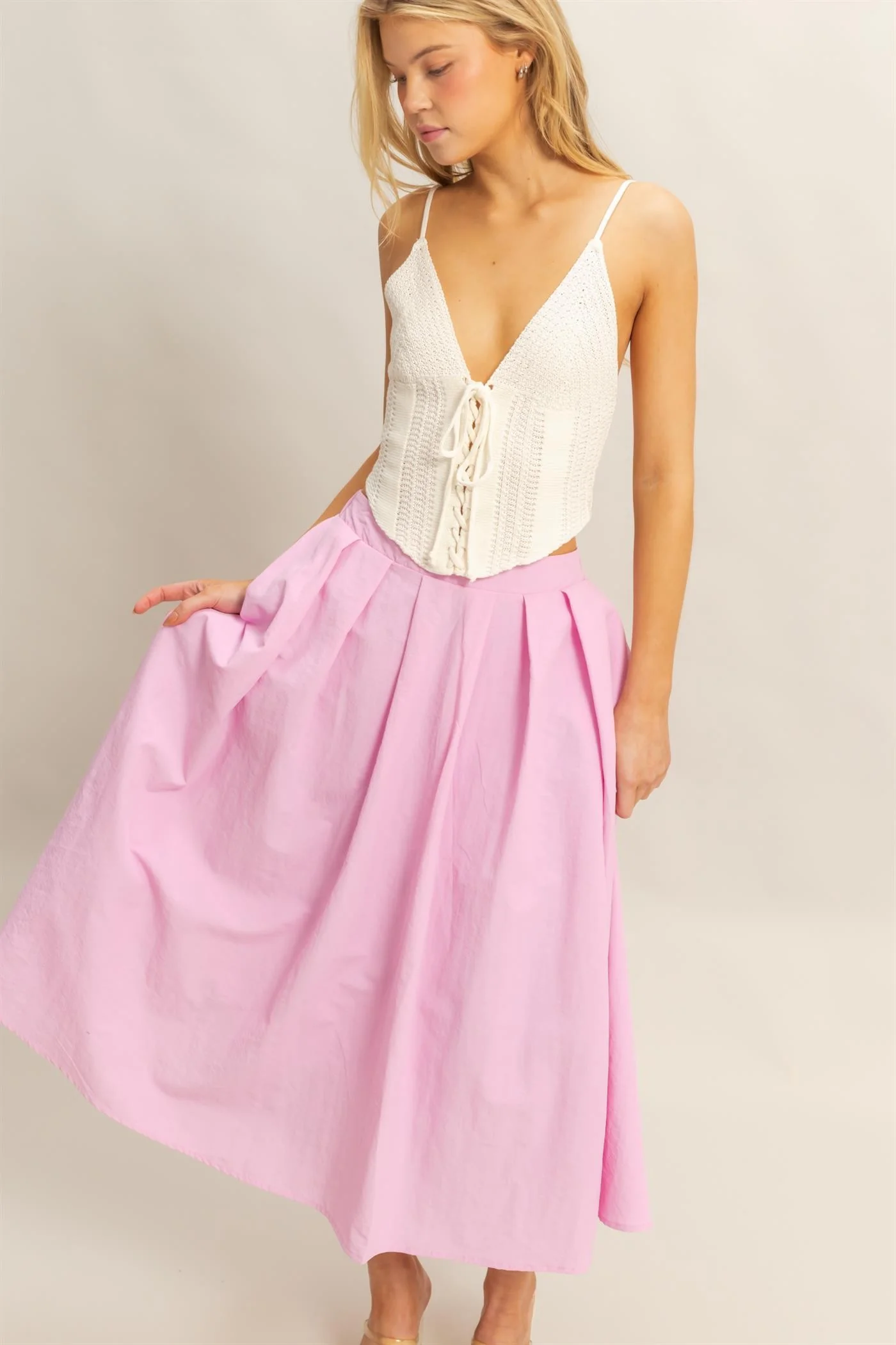High Waist Pleated Flowy Maxi Skirt - XAYUYUE