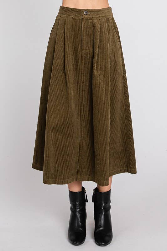 SOLID CORDUROY MIDI SKIRT W/ PLEATED DETAILS: OLIVE - XAYUYUE