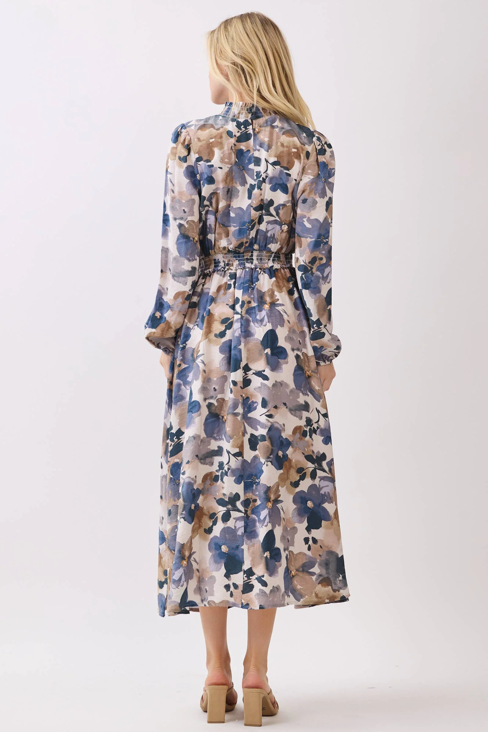 SMOCK NECK & WAIST RUFFLE MAXI FRONT SLIT DRESS: PURPLE BLUE - XAYUYUE