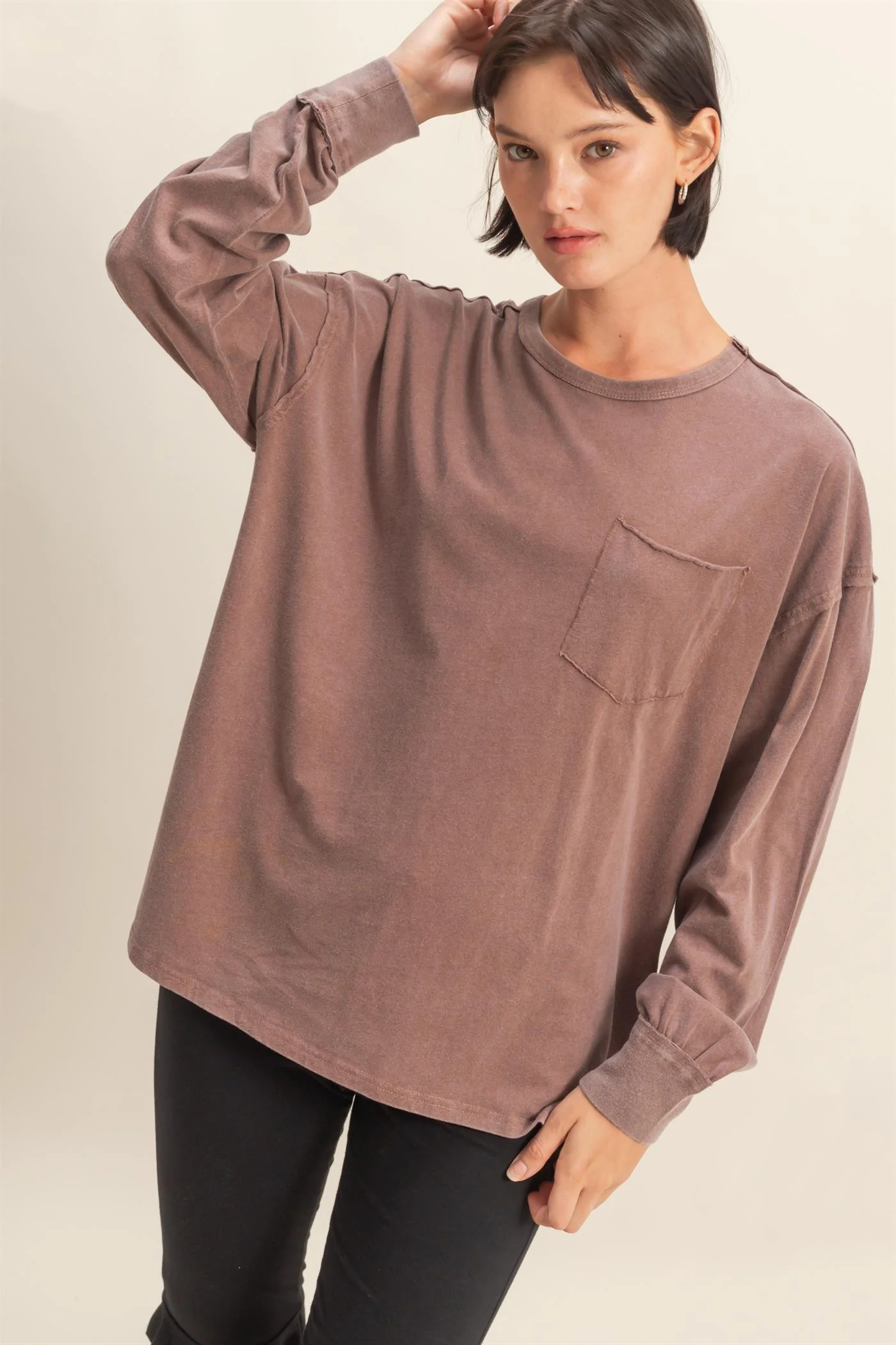 Oversized Washed Long Sleeve Pocket Tee - XAYUYUE