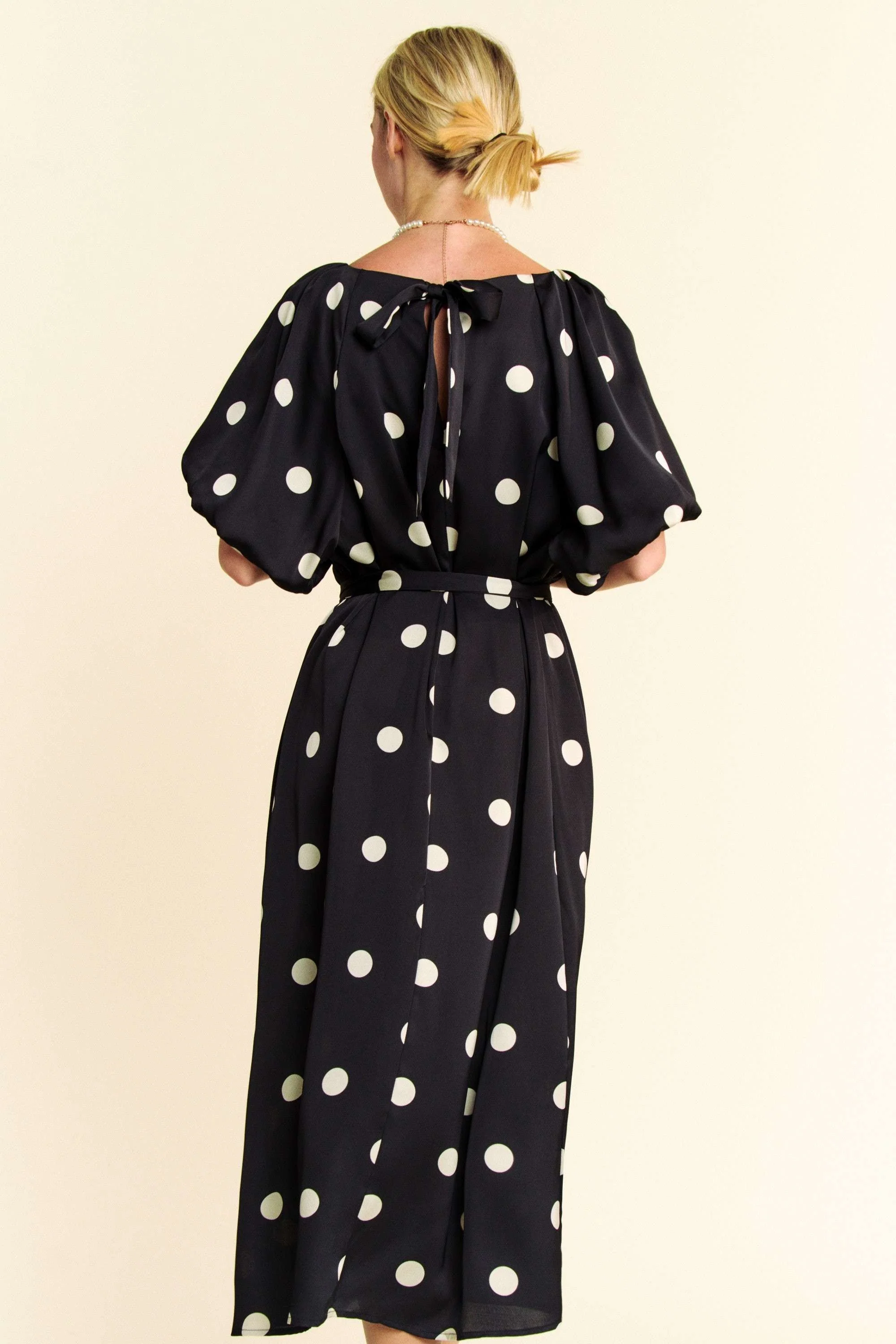 Polka Dot Puff Sleeves Waist Tie Midi Dress - XAYUYUE