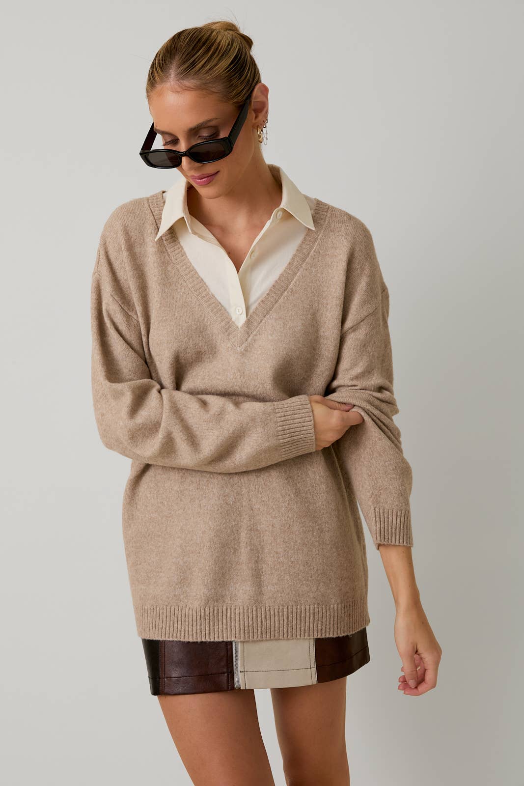 LONG SLEEVE SHIRT COLLAR LAYERED PULL OVER SWEATER TOP: OATMEAL - XAYUYUE
