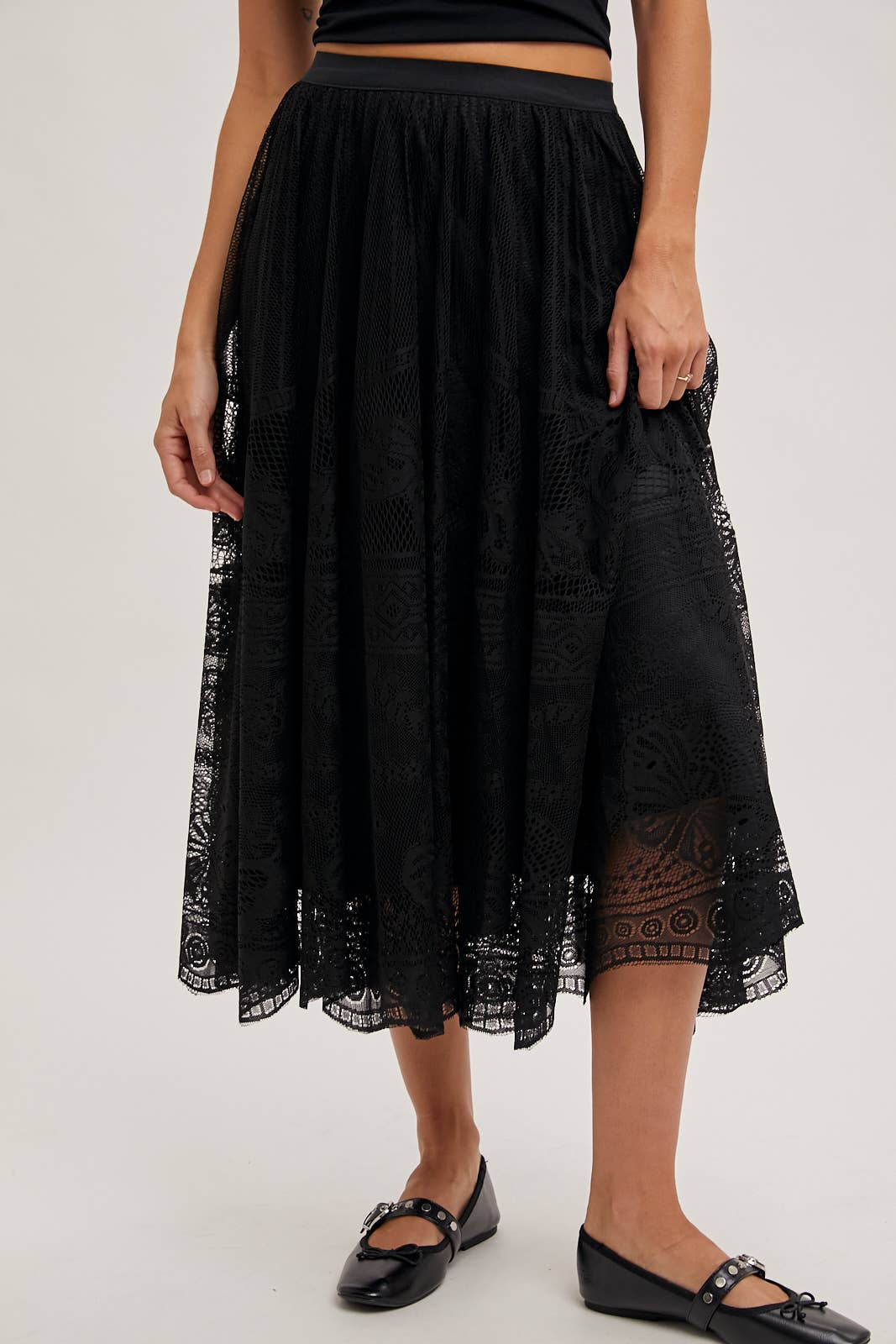 BOHO LACE MIDI SKIRT WITH LINING: Black - XAYUYUE