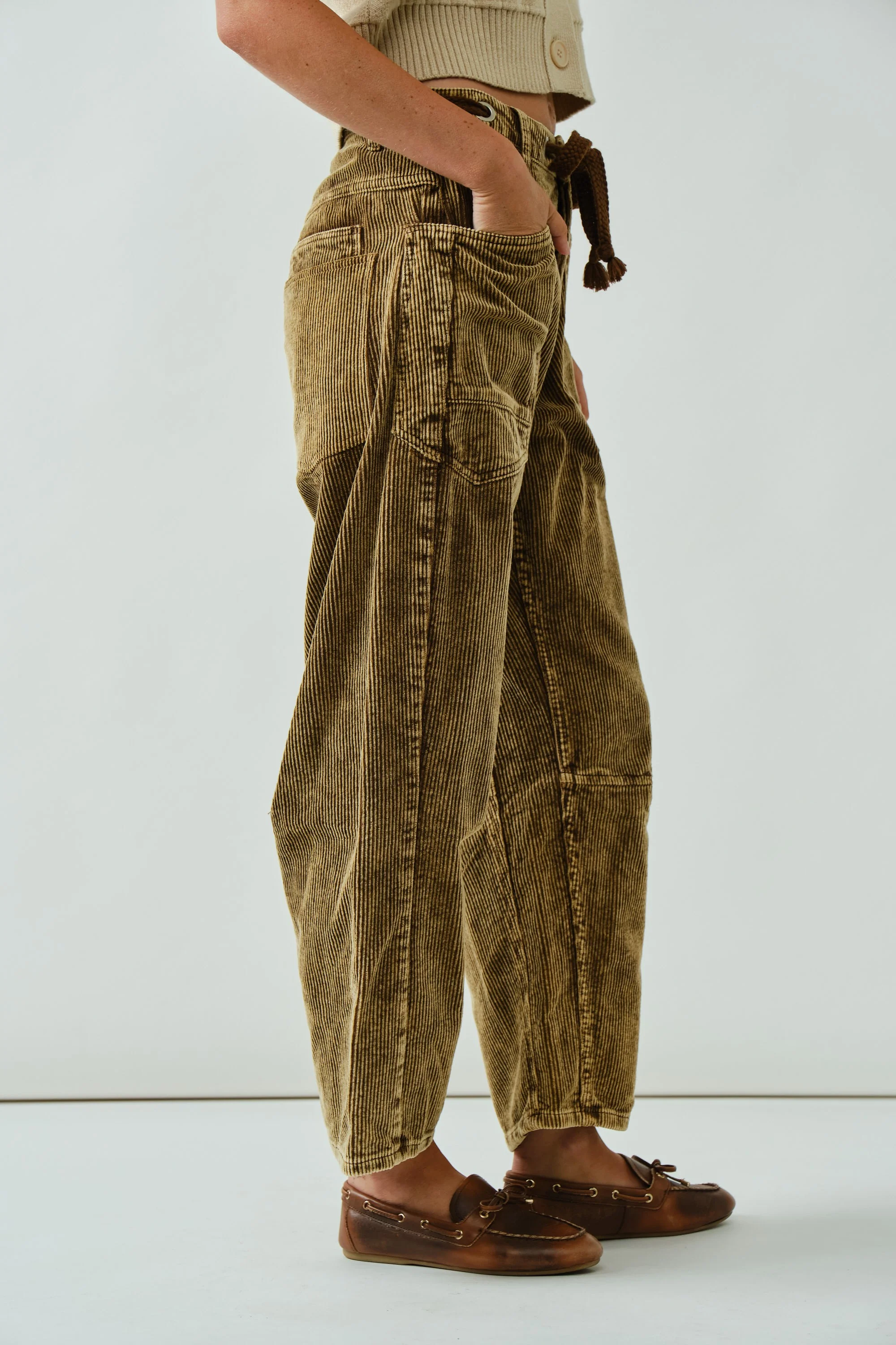 Barrel Corduroy Pants With Eyelet Waist - XAYUYUE