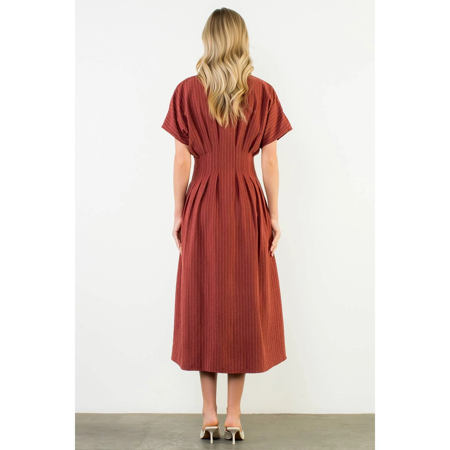 Collared Short Sleeve Button Front Maxi Dress: BURGUNDY - XAYUYUE