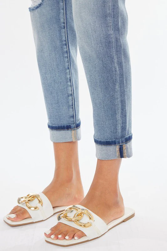 Medium Wash High Rise Cuffed Mom Jeans - XAYUYUE