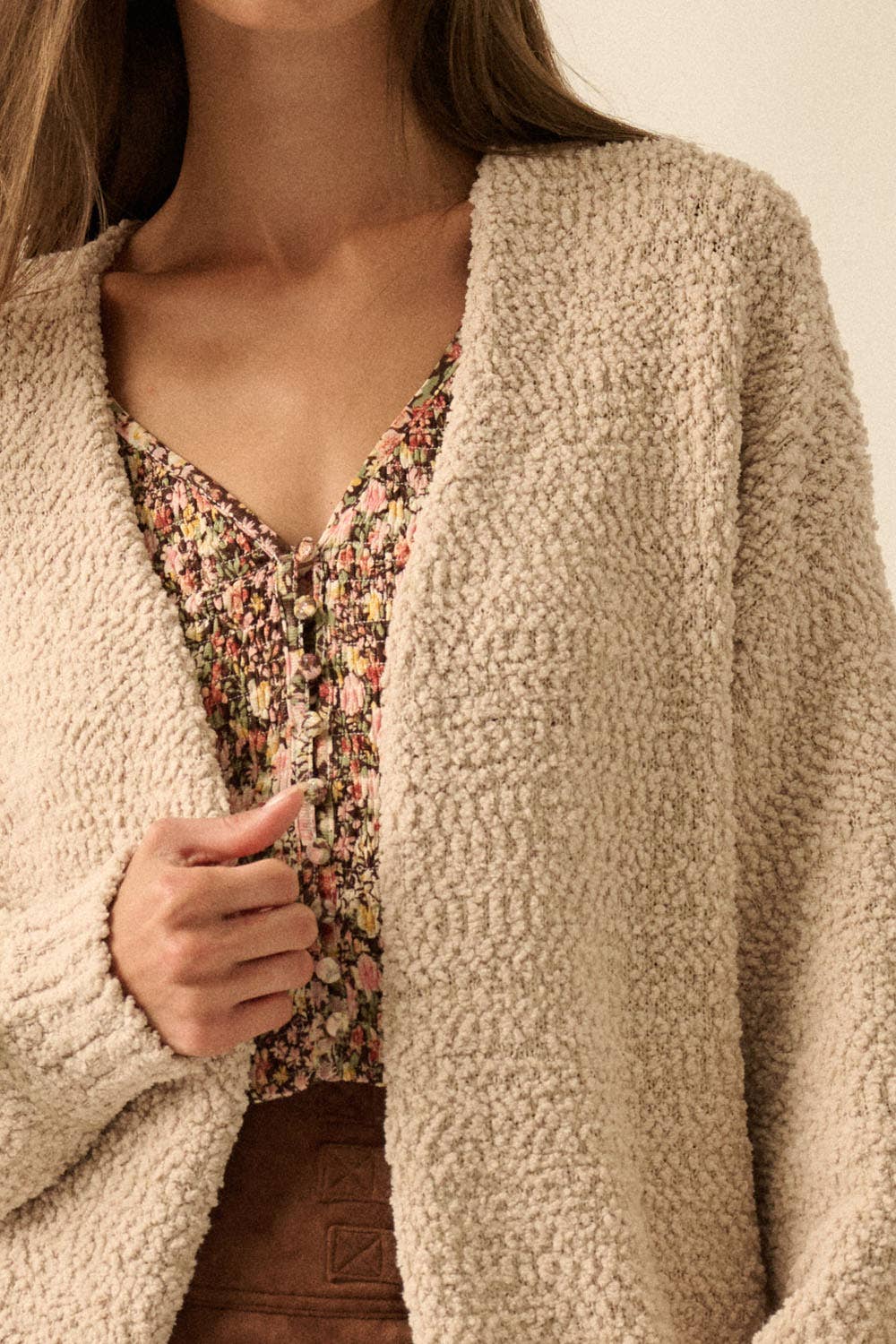 Textured Popcorn Knit Open-Front Cardigan - XAYUYUE
