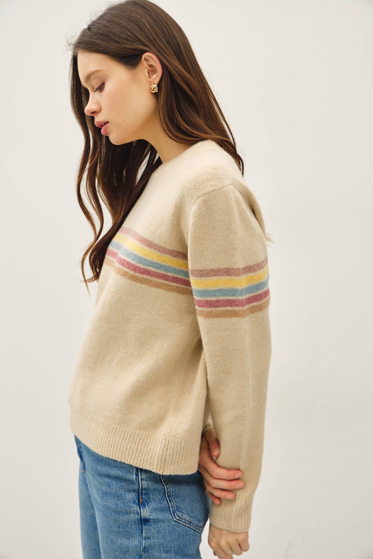 MULTIPLE COLOR STRIPED SWEATER: TAUPE - XAYUYUE