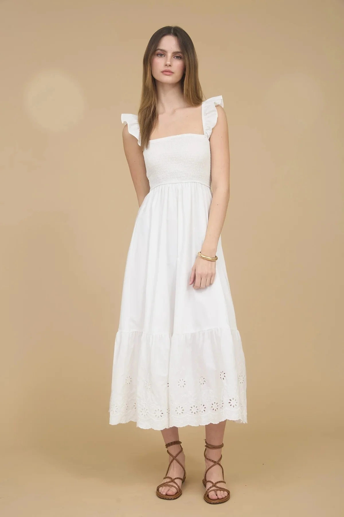 Smocked Ruffle Sleeve Eyelet Ruffle Hem Maxi Dress - XAYUYUE