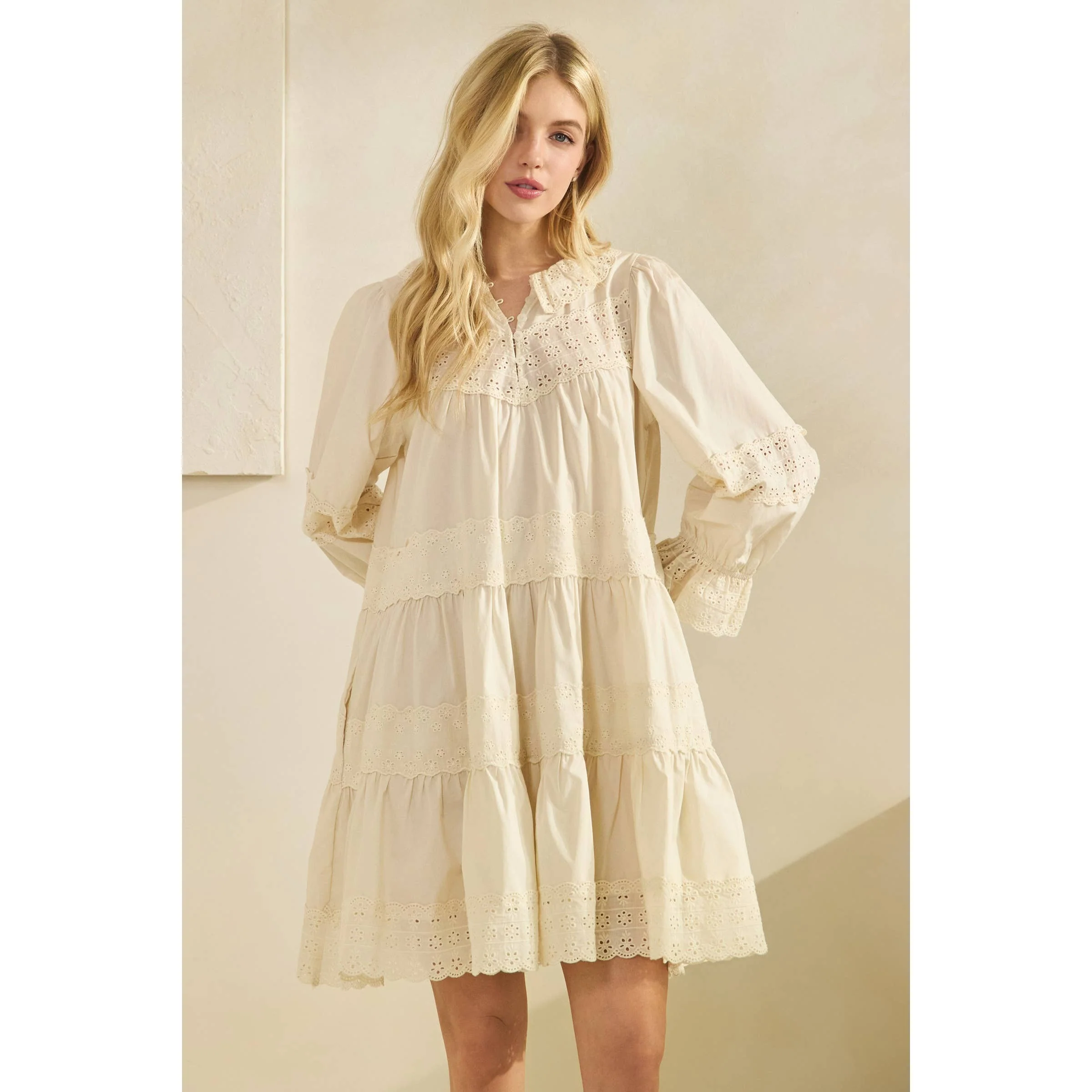 Eyelet Lace Tiered Babydoll Dress - XAYUYUE