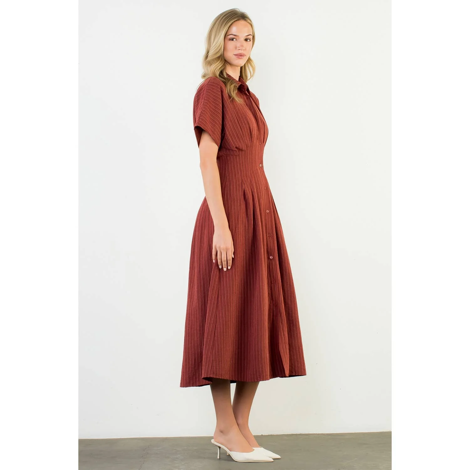 Collared Short Sleeve Button Front Maxi Dress: BURGUNDY - XAYUYUE