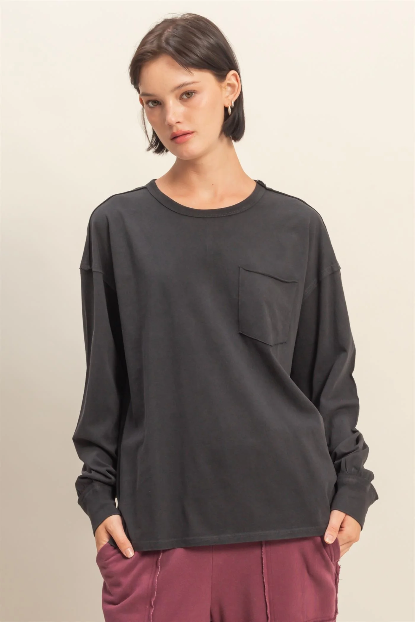 Oversized Washed Long Sleeve Pocket Tee - XAYUYUE