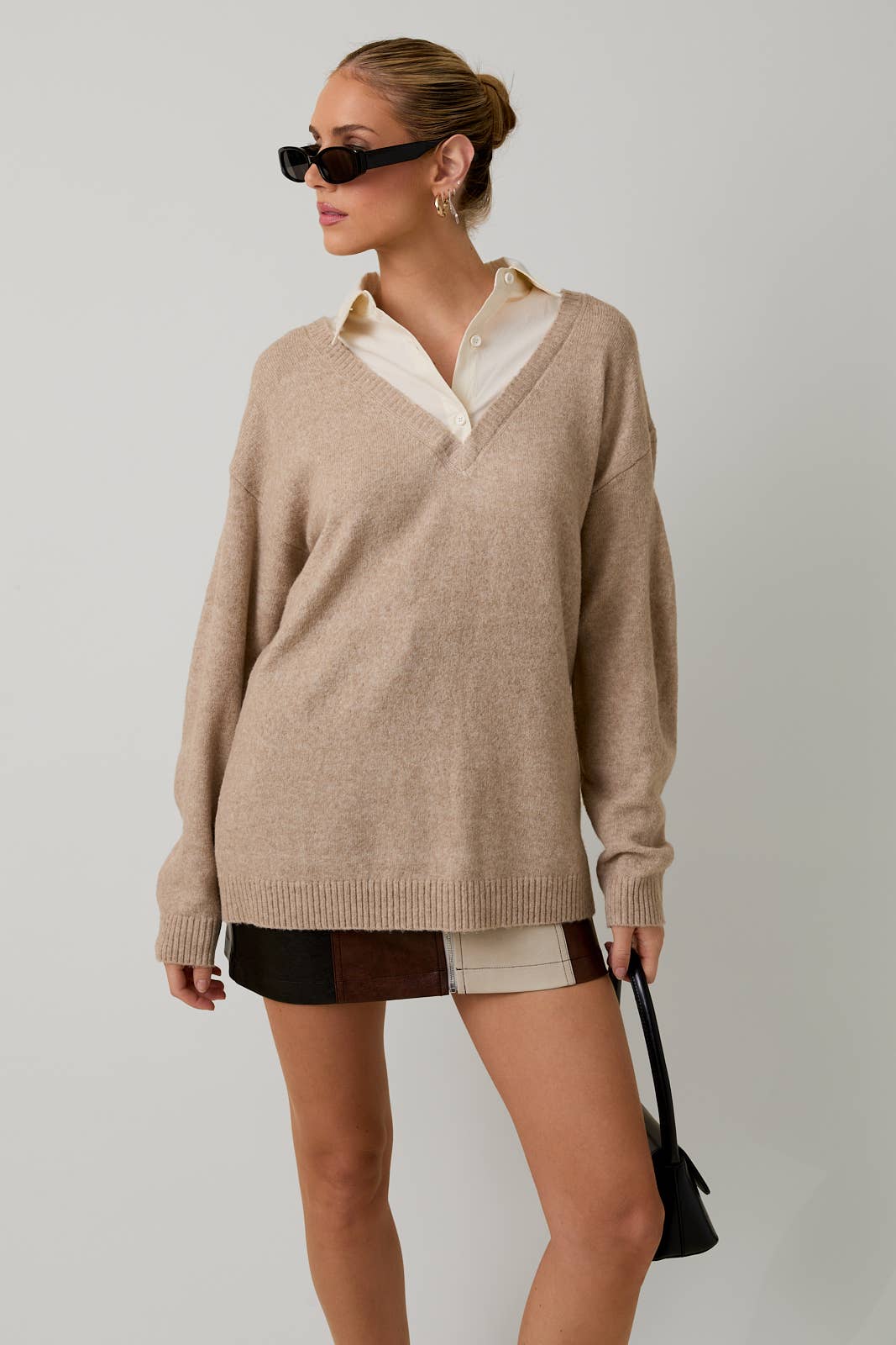 LONG SLEEVE SHIRT COLLAR LAYERED PULL OVER SWEATER TOP: OATMEAL - XAYUYUE