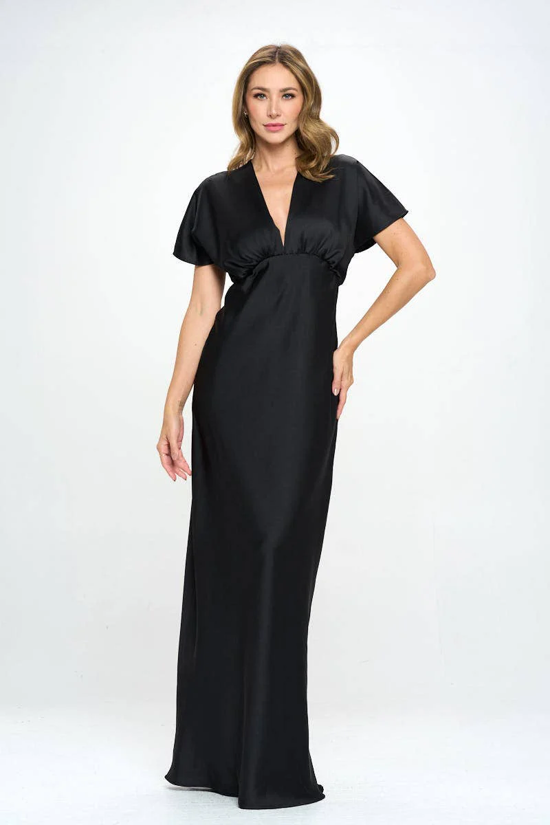 Satin Solid Deep V neck Formal Dress - XAYUYUE