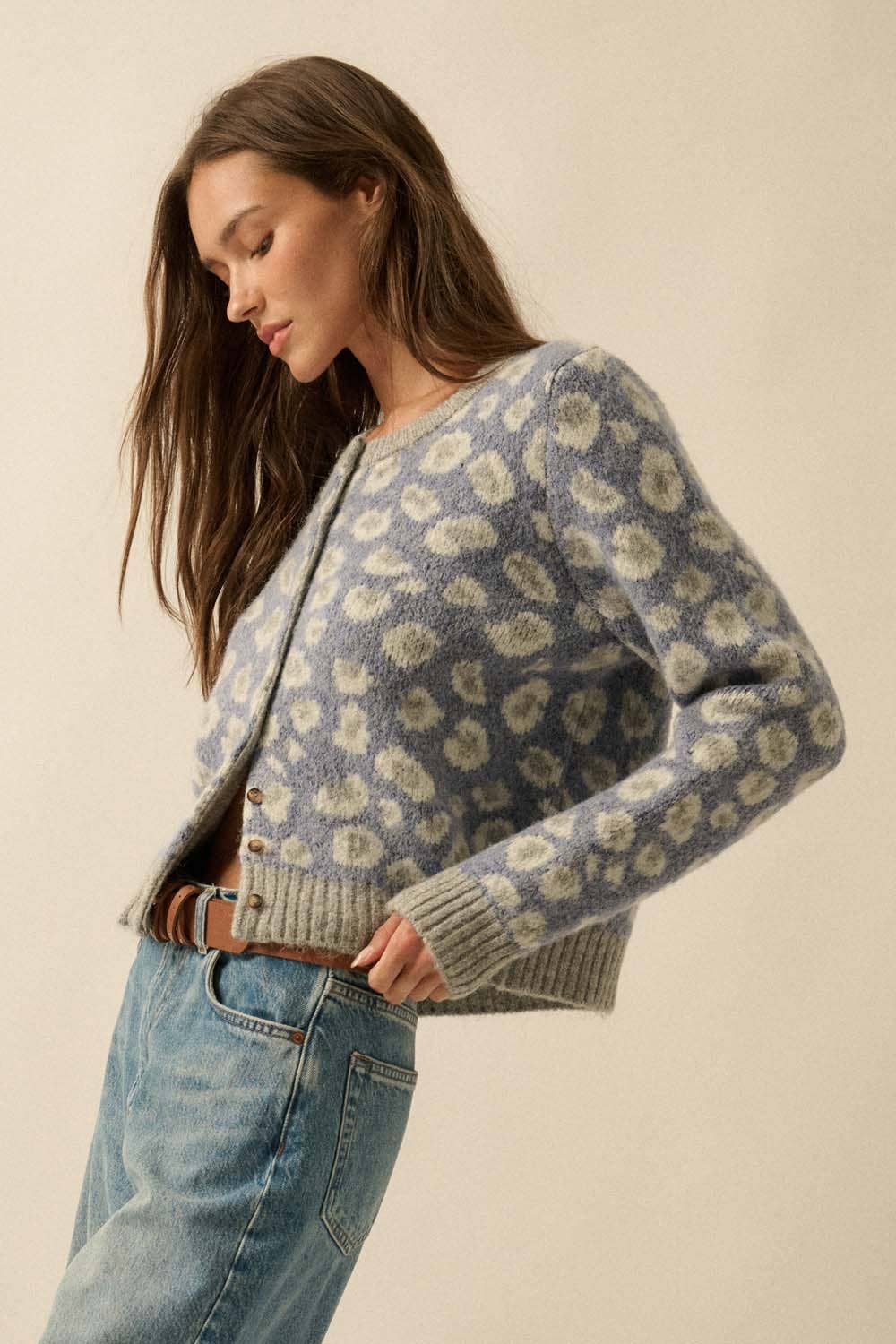 Leopard-Print Button-Front Cardigan: Retro Blue - XAYUYUE