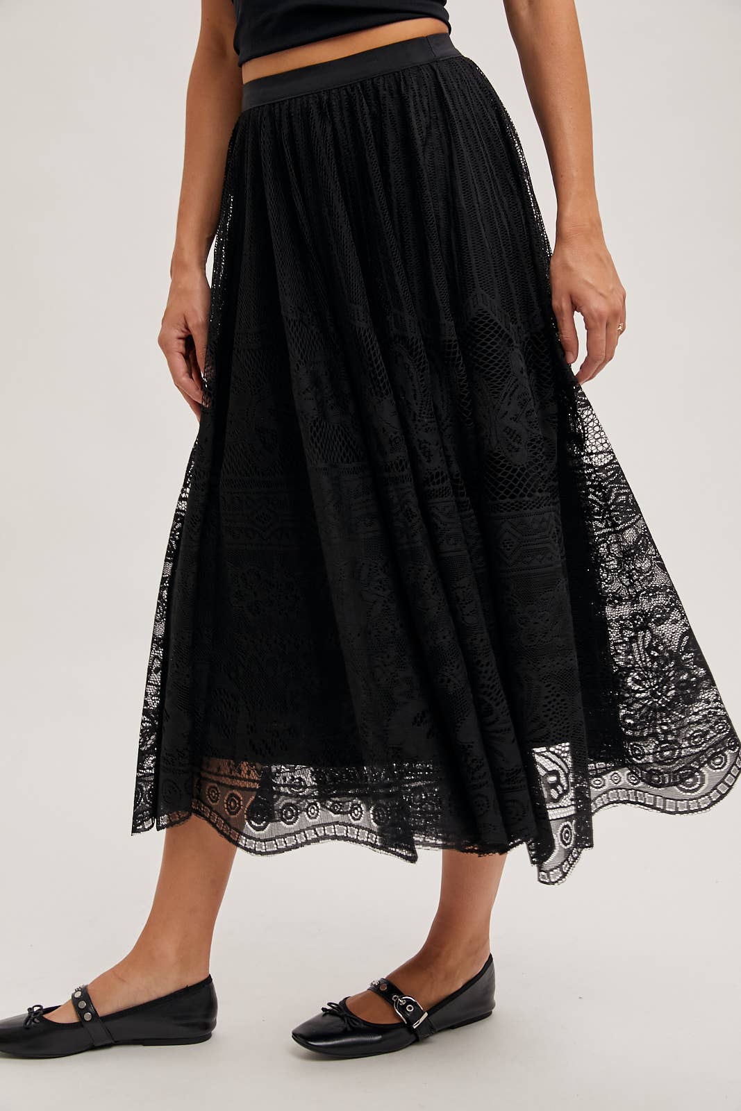 BOHO LACE MIDI SKIRT WITH LINING: Black - XAYUYUE