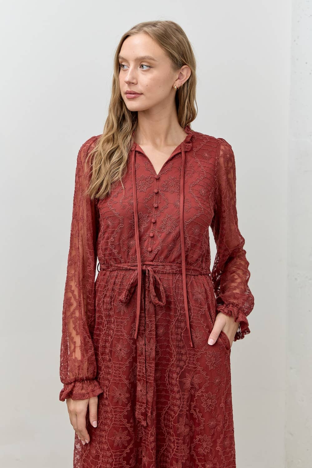 LONG SLEEVE LACE LONG MIDI DRESS: RED BROWN - XAYUYUE