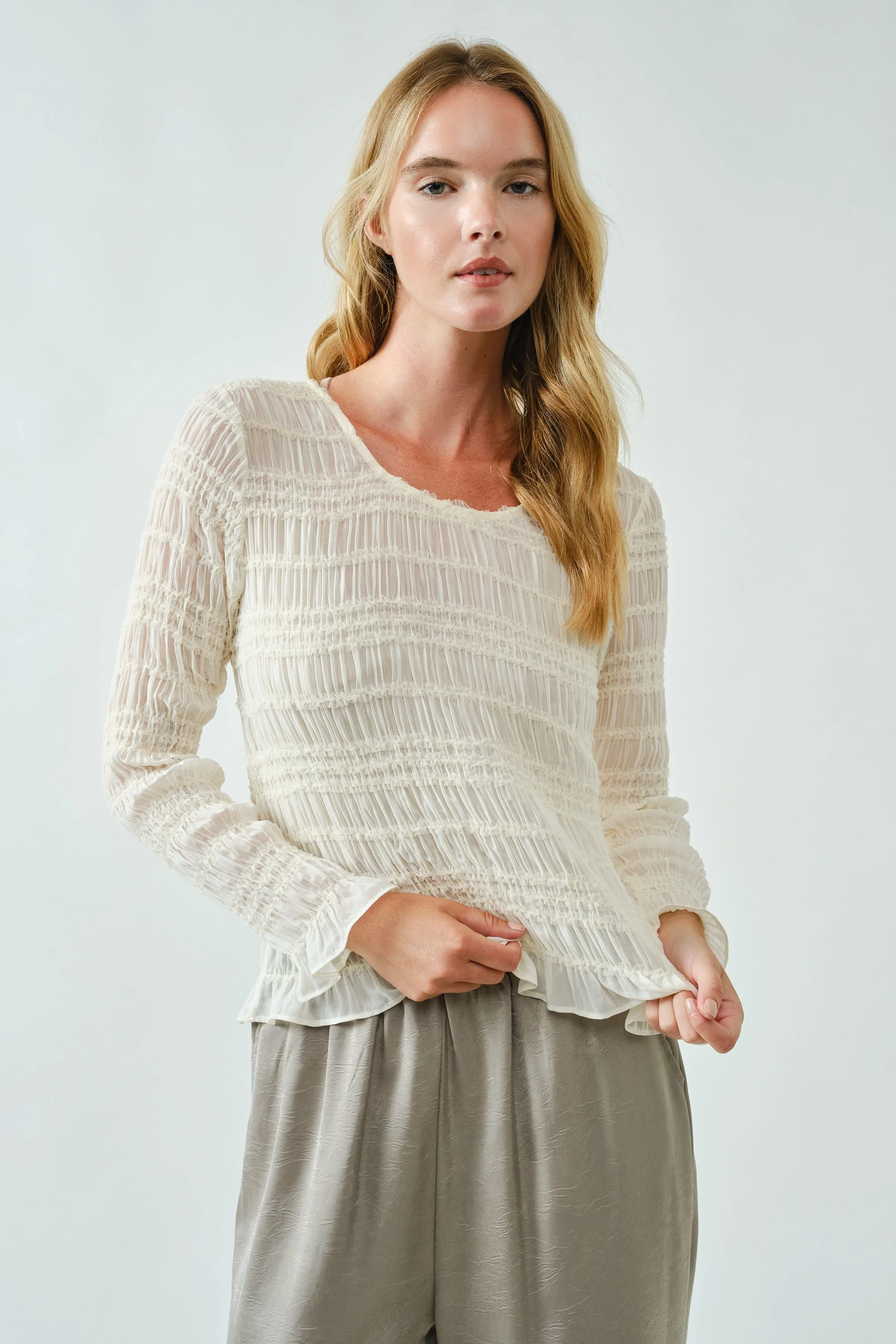 Lace Detail Sheer Smocking Top - XAYUYUE