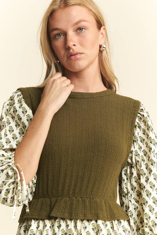 Floral Print Mixed Media Tiered Midi Dress : Olive - XAYUYUE