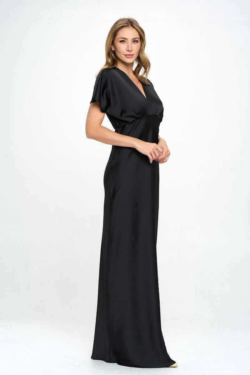 Satin Solid Deep V neck Formal Dress - XAYUYUE