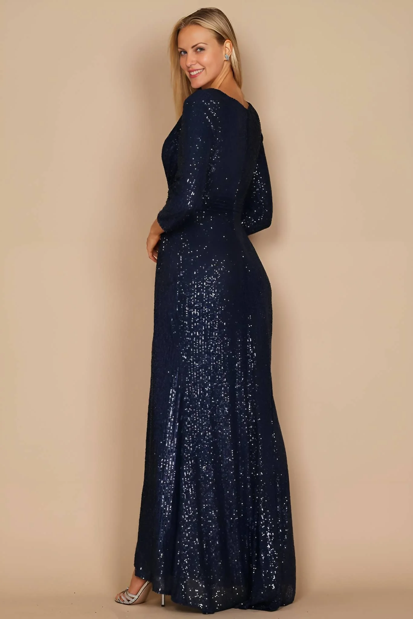 Long Sleeve Sequin Formal Hand Beaded Dress : Navy / 8 - XAYUYUE