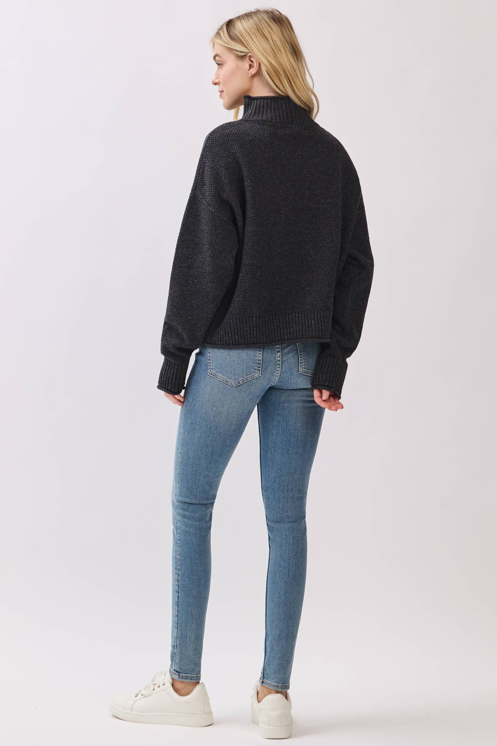 Mock Neck Long Sleeve Sweater Top: Charcoal - XAYUYUE