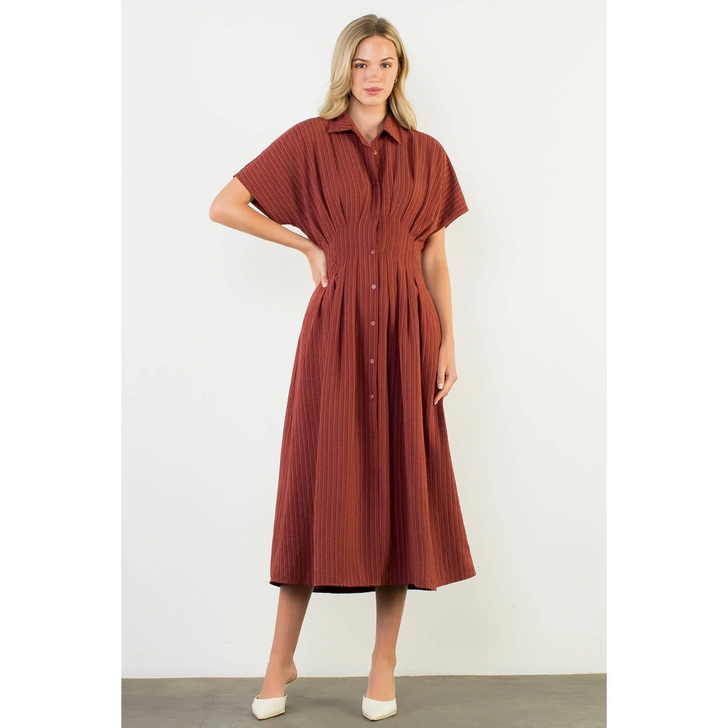 Collared Short Sleeve Button Front Maxi Dress: BURGUNDY - XAYUYUE